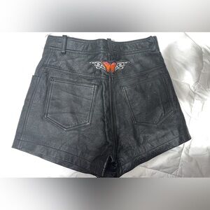 Black Leather Shorts with Embroidered Detail
